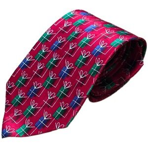 Vintage Holidays Gift Box Print Necktie Men's Red 100% Silk‎ Christmas Party